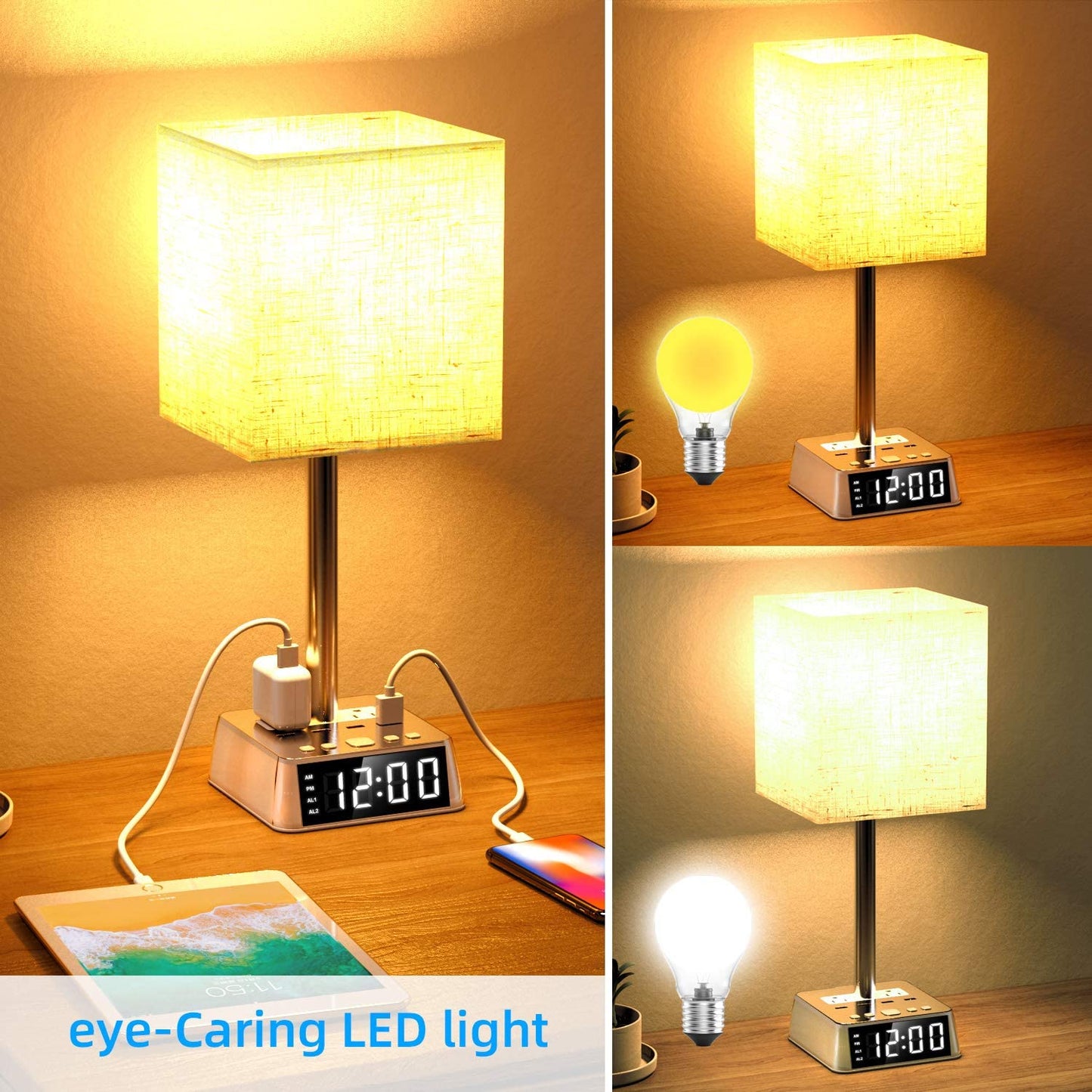 Table Lamp, 4 USB Ports & AC Power Outlets, Alarm Clock